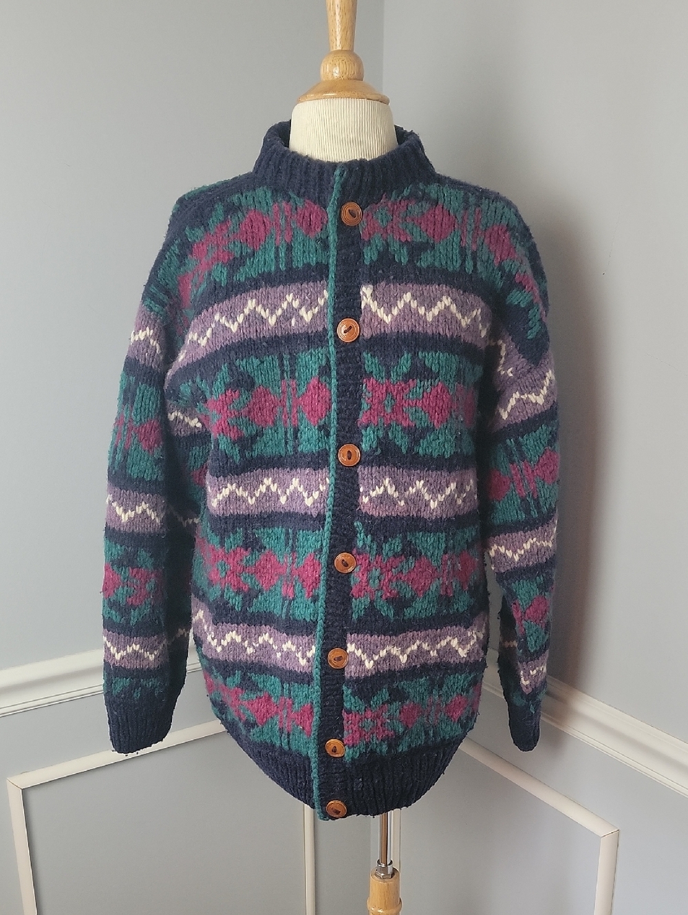 100% Wool Teal Blue Color Block Boho Chunky Knit Fair Isle Cardigan Sweater